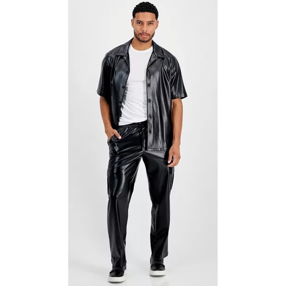 INC International‎ Concepts Mens Jax Reg Fit Button Faux Leather Camp Shirt MED